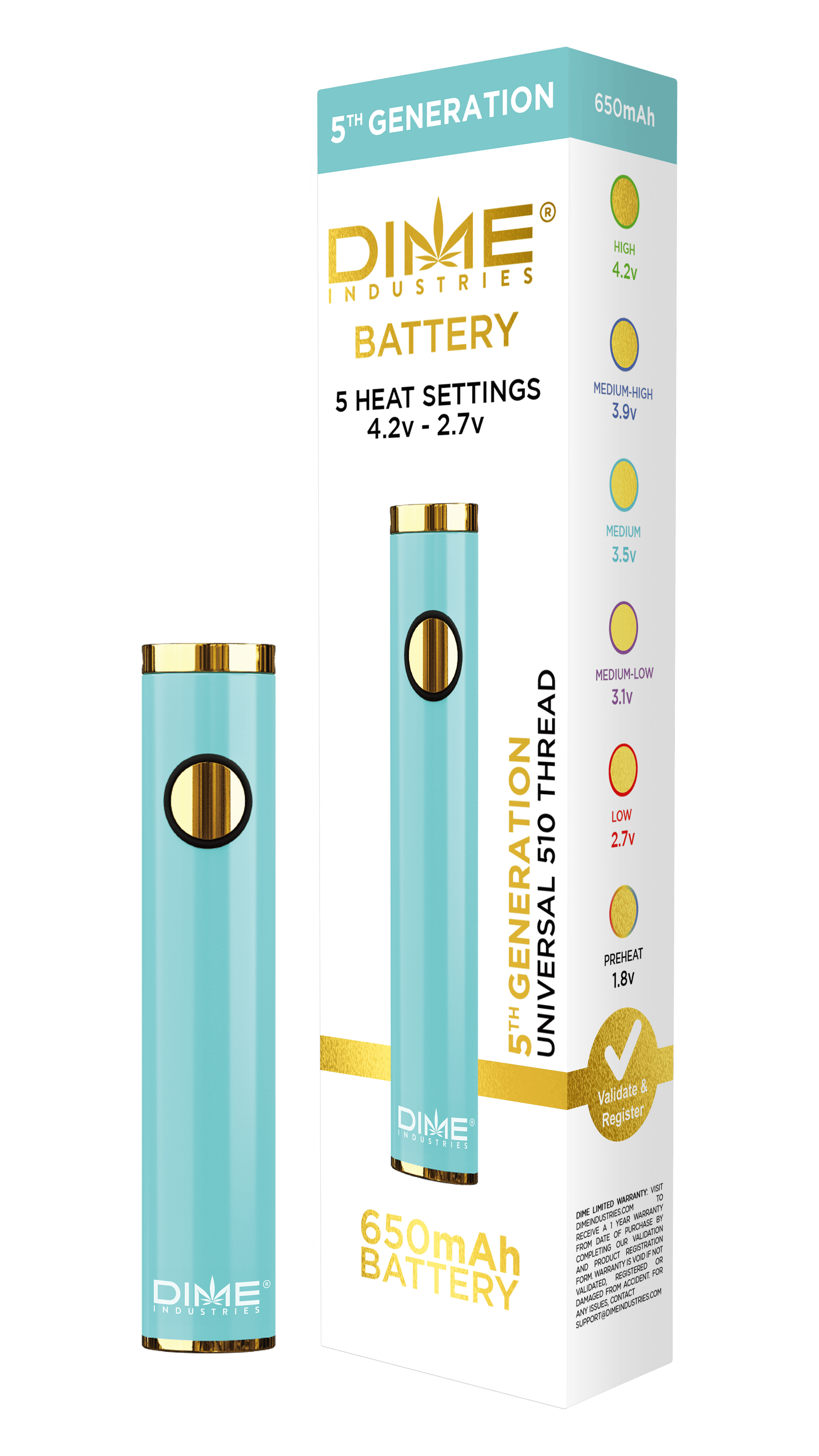 Dime Industries 5th Generation 510 Thread Battery - Aqua Blue (2023)